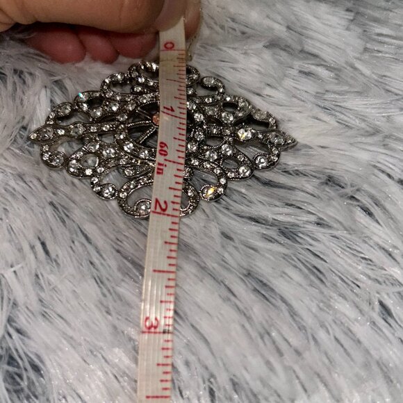 Vintage Monet Silver Tone Clear Rhinestone Lacy Filigree 2.75" Brooch - Picture 5 of 12